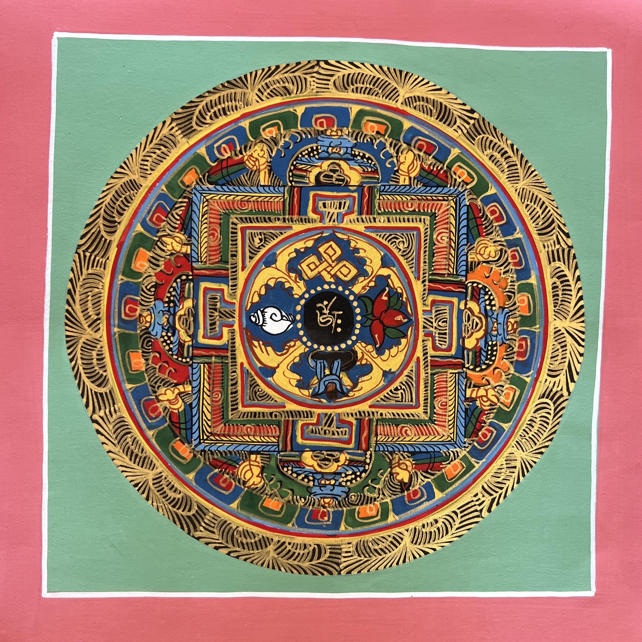 26cm Square Mandala Painting with the Tibetan Om symbol surrounded by Tibetan Auspicious Symbols and inside a symbolic palace