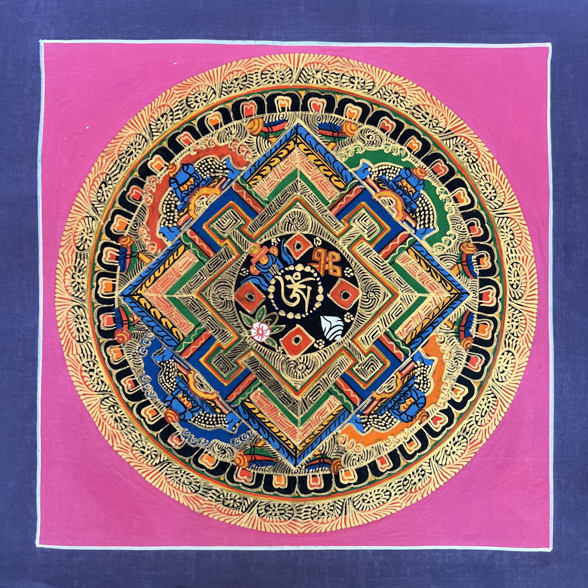 27cm Square Mandala Painting with the Tibetan Om symbol surrounded by Tibetan Auspicious Symbols and inside a symbolic palace