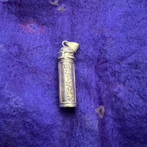 3.5cm vertical silver cylinder locket with Om Mani Padme Hung mantra embossed on each side