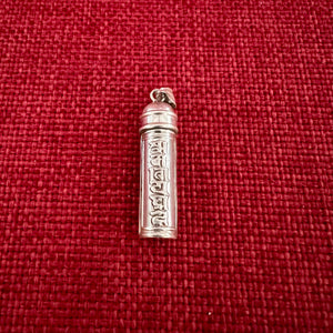 3.5cm vertical silver cylinder locket with Om Mani Padme Hung mantra embossed on each side