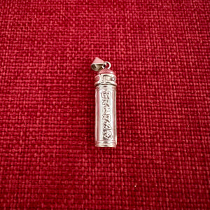 3.5cm vertical silver cylinder locket with Om Mani Padme Hung mantra embossed on each side