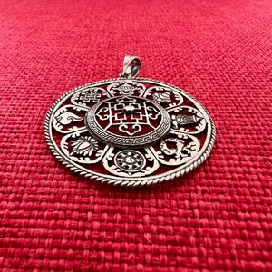 4.3cm Round Silver Pendant with 8 Auspicious Symbols 