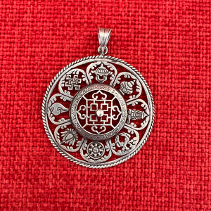 4.3cm Round Silver Pendant with 8 Auspicious Symbols 