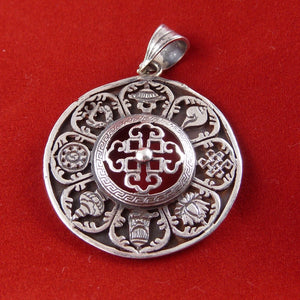 4.3cm Round Silver Pendant with 8 Auspicious Symbols 