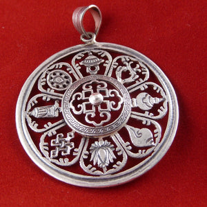 4.3cm Round Silver Pendant with 8 Auspicious Symbols 