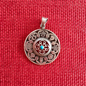 3cm Round Silver Pendant with 8 Auspicious Symbols and turquoise stone in middle