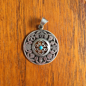 3cm Round Silver Pendant with 8 Auspicious Symbols and turquoise stone in middle