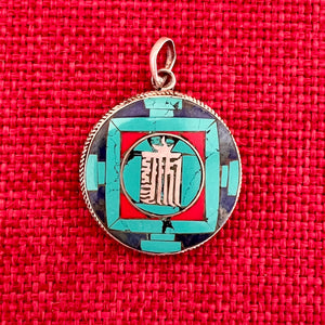 3cm round sterling silver and semi-precious coloured stone pendant with a silver inlay of the Kalachakra symbol 