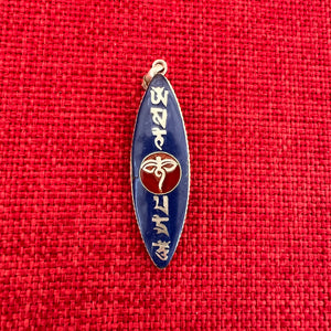 5cm long composite Lapis Lazuli and silver pendant with Tibetan Om Mani Padme Hung mantra and the Buddha Eyes symbol