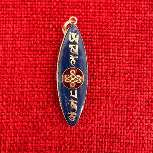 5cm long composite Lapis Lazuli and silver pendant with Tibetan Om Mani Padme Hung mantra and the Endless knot symbol