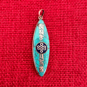 5cm long composite turquoise and silver pendant with Tibetan Om Mani Padme Hung mantra and the Auspicious Endless Knot symbol