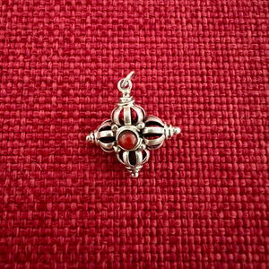 2cm silver '9 point' double dorje pendant with turquoise and coral detail
