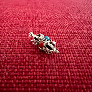 1.5cm silver '9 point' dorje pendant with turquoise and coral