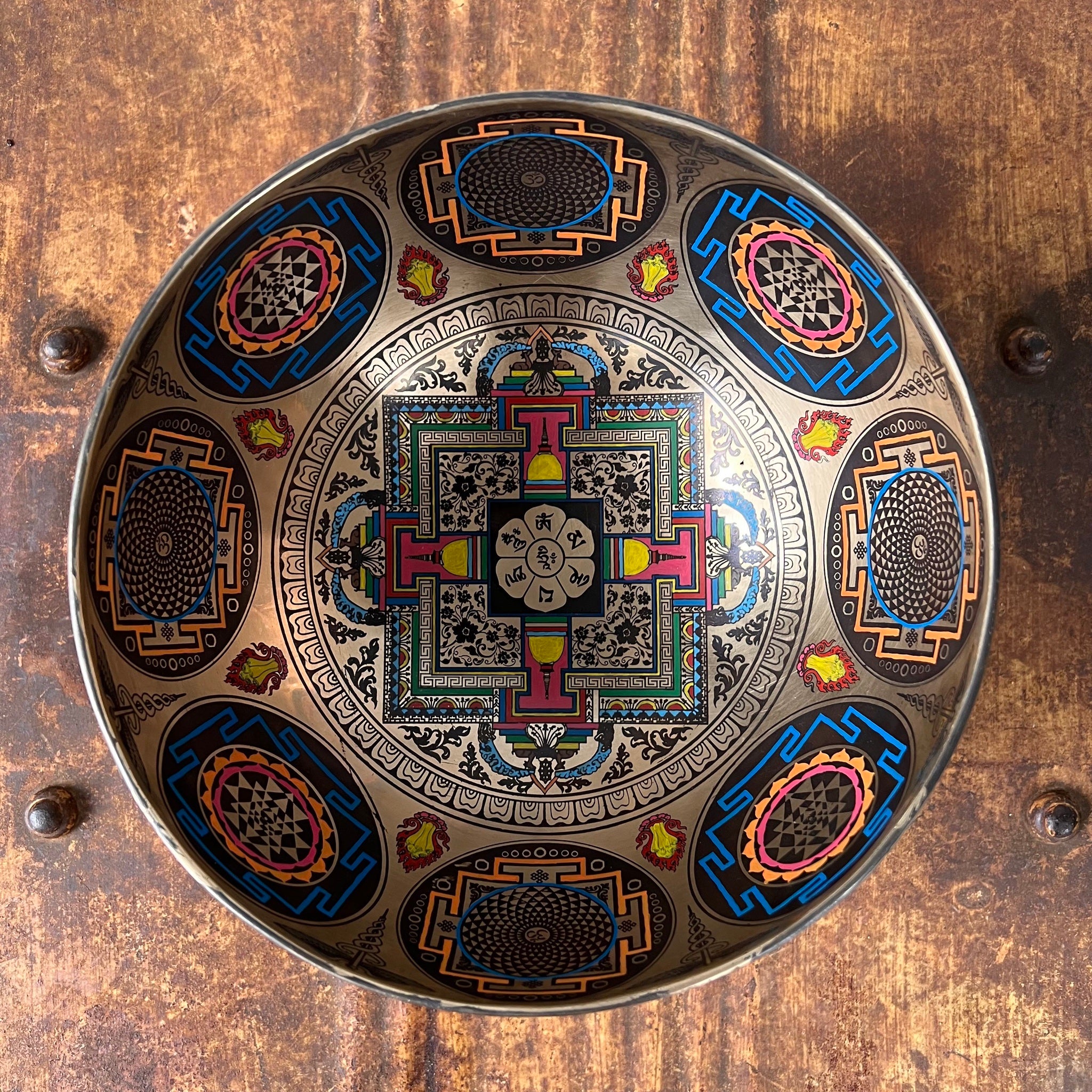 21.5cm Singing Bowl with etched coloured mandalas and om mani and Hindi om