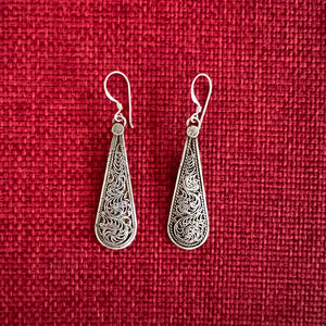 4cm Sterling silver filigree earrings in a long teardrop shape