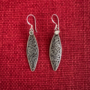 4cm Sterling silver filigree earrings in a long diamond shape 