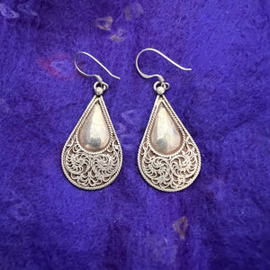 Sterling Silver Filigree Earrings in teardrop shape and 3cm long