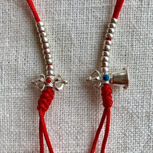 Sterling Silver Mala Counters with Bell and Dorje, red string and 3mm wide beads
