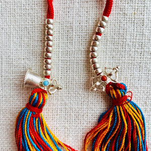 Sterling Silver Mala Counters with Bell and Dorje, red string, coloured tassel and 3mm wide beads