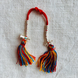 Sterling Silver Mala Counters with Bell and Dorje, red string, coloured tassel and 3mm wide beads