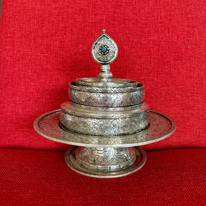 13cm Silver Plated Mandala Set with Stand and Etched with 8 Auspicious Symbols